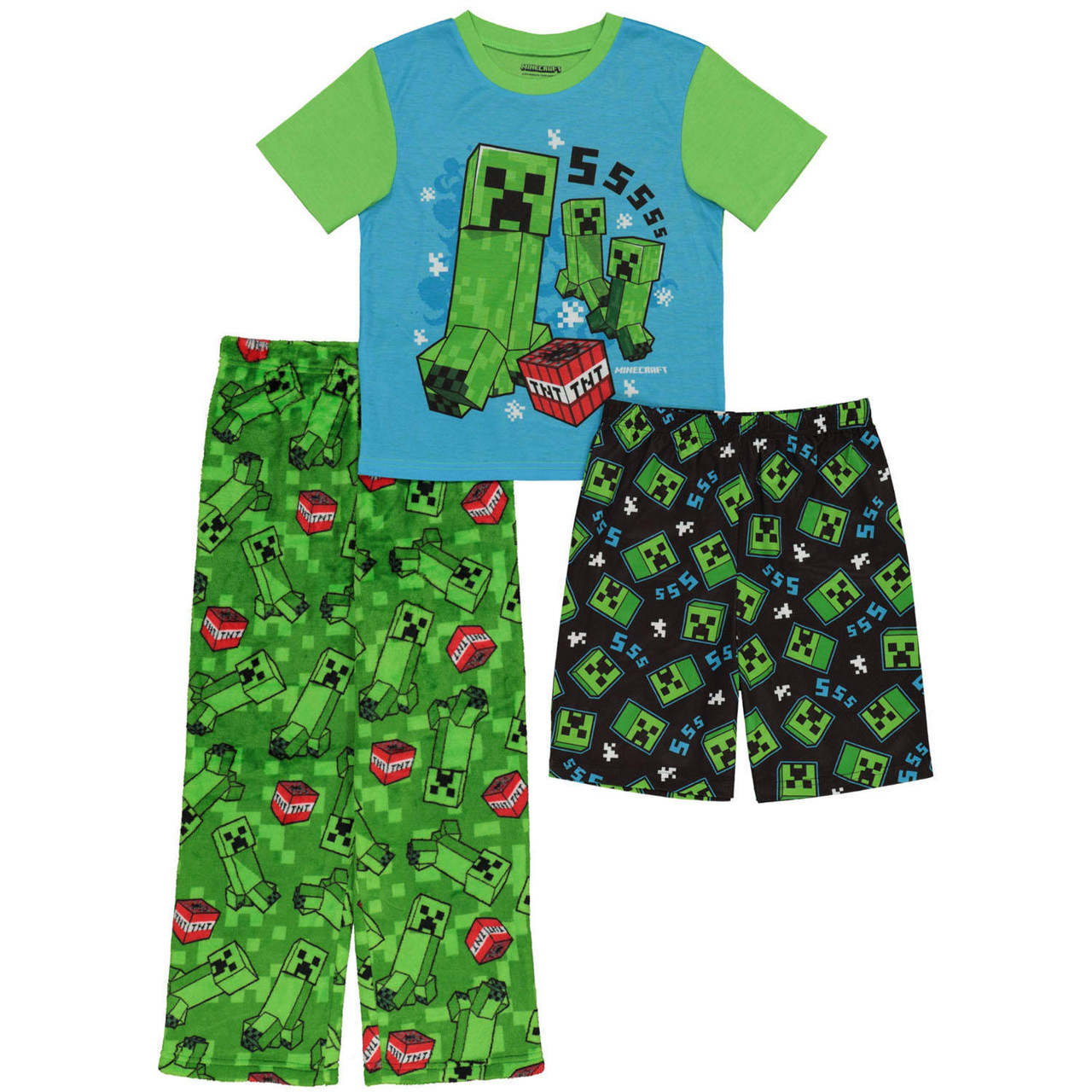 Minecraft Characters 3 Piece Pajama Shorts Fleece Pants Set Size 10