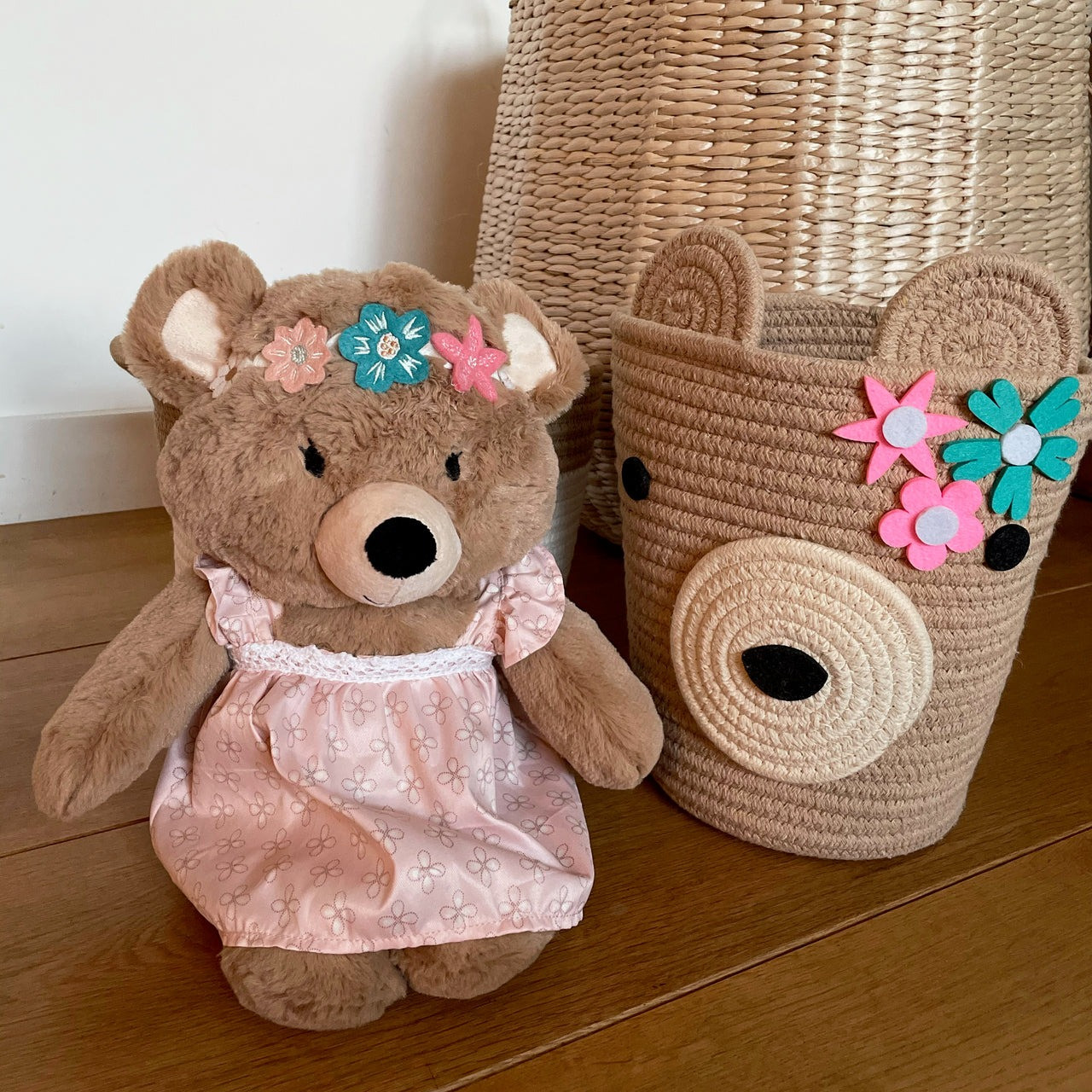Levtex Baby Soft Plush Malia Bear in dress and Floral Ring