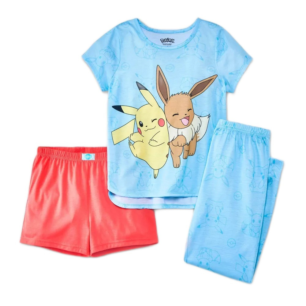 Pokemon Girl's Pikachu and Evee 3-Piece Character Pajama Set, Size