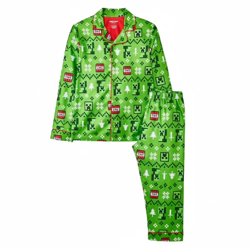 Minecraft Boy's Holiday Christmas Creeper Flannel Coat Pajama Set