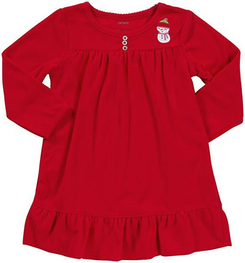 Carter's Girl's Winter Snowman Red Fleece Nightgown, Gown, Size 4/5 | Little Dreamers Pajamas
