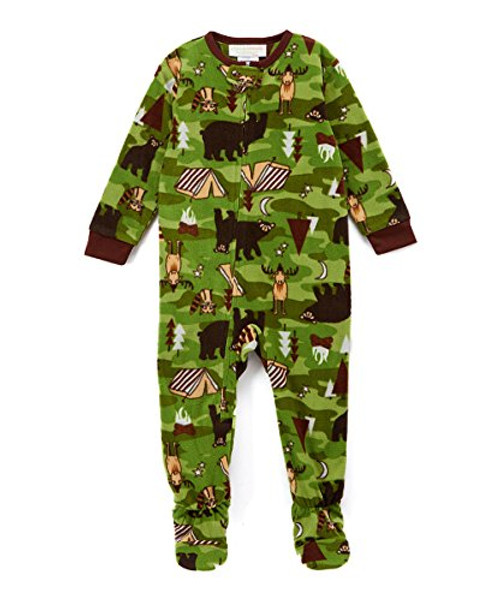 Toddler Boy's Green Camping Forest Animal Print Fleece Footed Pajama Sleeper