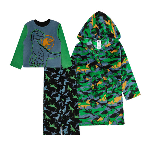 Jurassic World Boy's Dinosaur Plush Fleece Hooded Robe and Pajama Set | Little Dreamers Pajamas