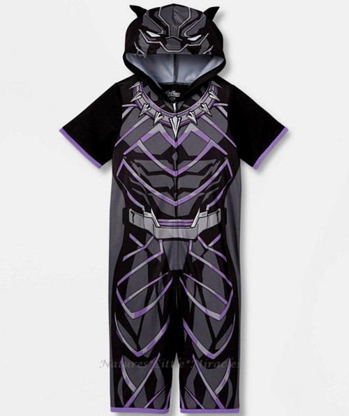 Black Panther Boy's Lightweight Polyester Costume Hooded Pajama Short One-Piece