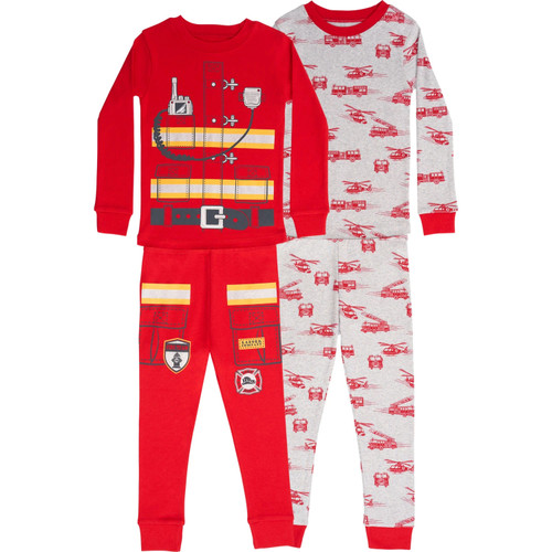 Toddler and Big Boy's Fireman Costume Themed 4-Piece Cotton Pajama Set | Little Dreamers Pajamas