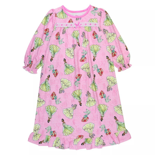 Disney Princess Belle, Ariel and Tiana Pink Flannel Nightgown, Gown | Little Dreamers Pajamas