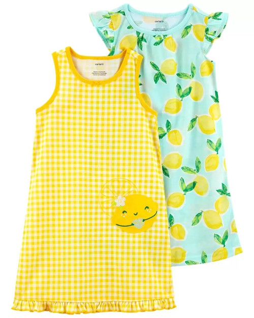 Carter's Toddler Girl's Lemon Checkered Print Nightgown, Gown Set