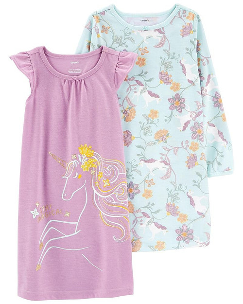 Carter's Girl's Unicorn Graphic and Floral Print Nightgown, Gown Set