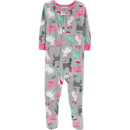 Christmas Holiday Kitty Cat Toddler Girl's Fleece Blanket Pajama Sleeper | Little Dreamers Pajamas