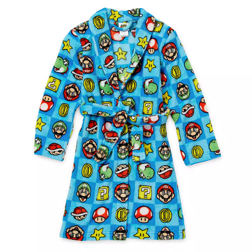Super Mario Boy's Gamer Character Block Print Fleece Blue Bathrobe, Robe | Little Dreamers Pajamas