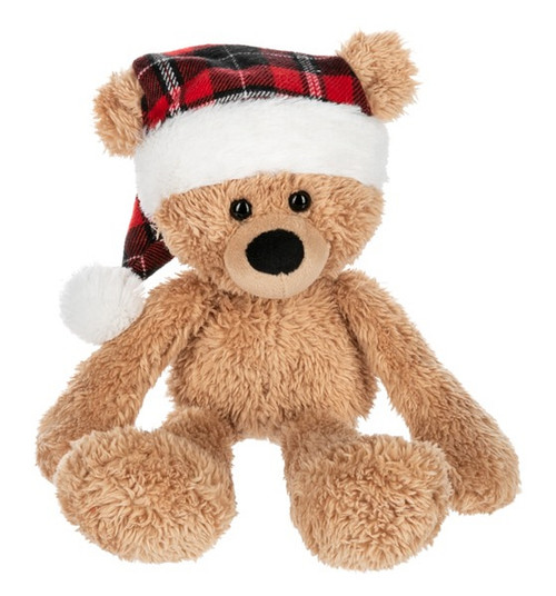 Ganz Holiday Christmas Wooly Bear, Tan with Plaid Santa Hat, 11"