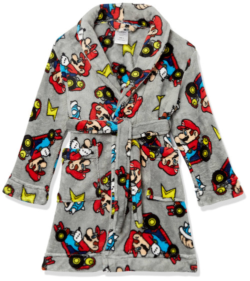 Super Mario Kart Boy's Gray Plush Fleece Bathrobe, Robe | Little Dreamers Pajamas