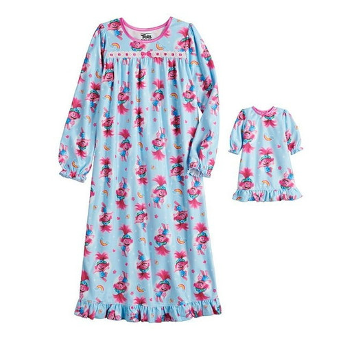 Trolls Poppy Girl's Blue Character Print Flannel Nightgown and Doll Gown, Size 8