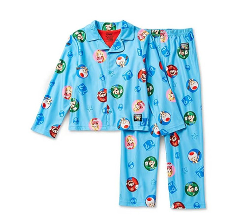 Super Mario and Characters Boy's Blue Button Down Flannel Pajama Set