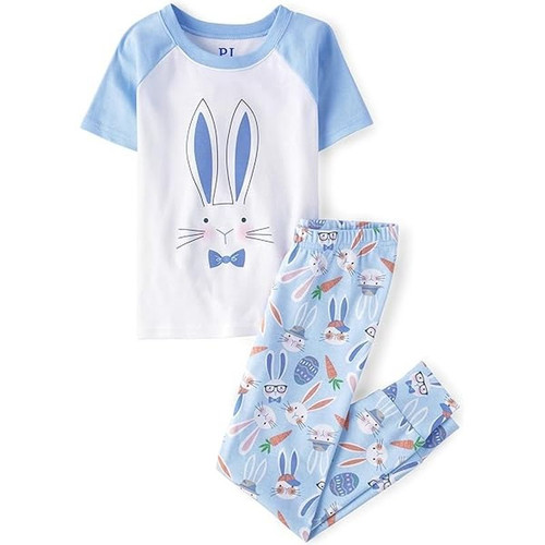 Toddler Boy's Blue Easter Bunny Rabbit and Egg Print Cotton Pajama Set | Little Dreamers Pajamas