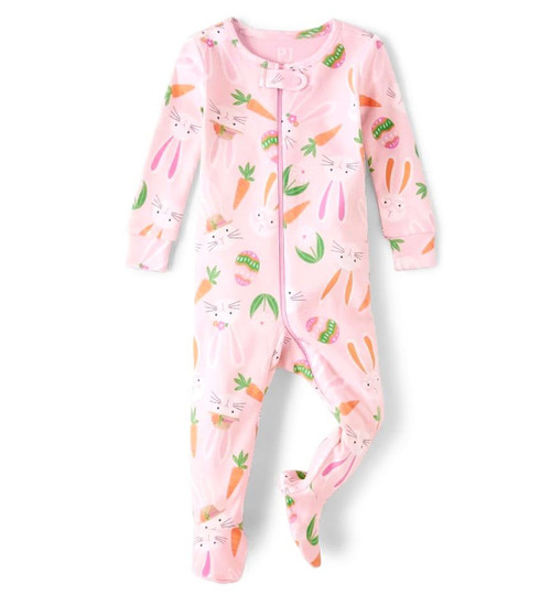 Toddler Girl's Bunny and Easter Egg Print Pink Footed Cotton Pajama Sleeper | Little Dreamers Pajamas