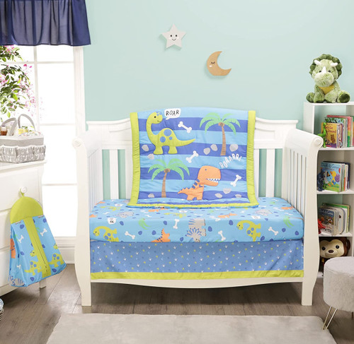 Toddler Kids 4-Pc Dinosaur Themed Bedding Set, Sheets, Quilt, Diaper Organizer | Little Dreamers Pajamas