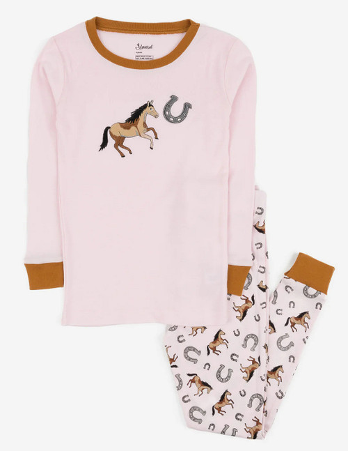 Girl's Western Horse, Horseshoe Print Light Pink Cotton Pajama Set