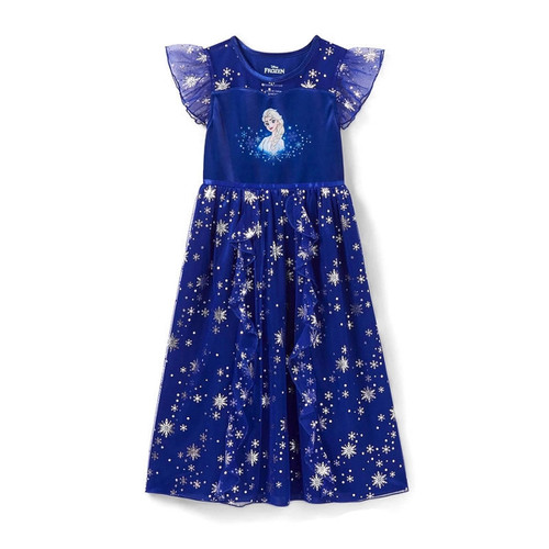 Disney Frozen Elsa Silver Foil Snowflakes Dark Blue Nightgown, Size L 10/12