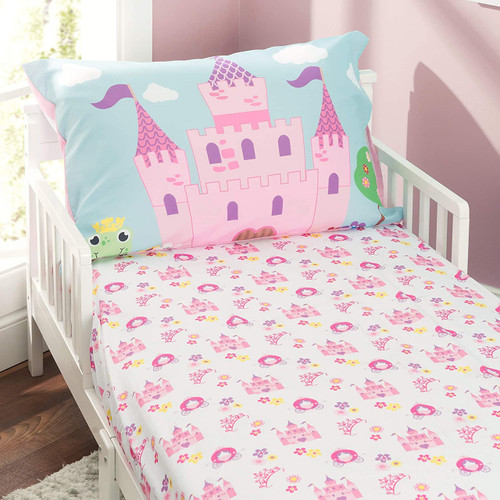 Toddler Girl's Princess, Magic Castle Fitted Sheet and Reversible Pillow Case