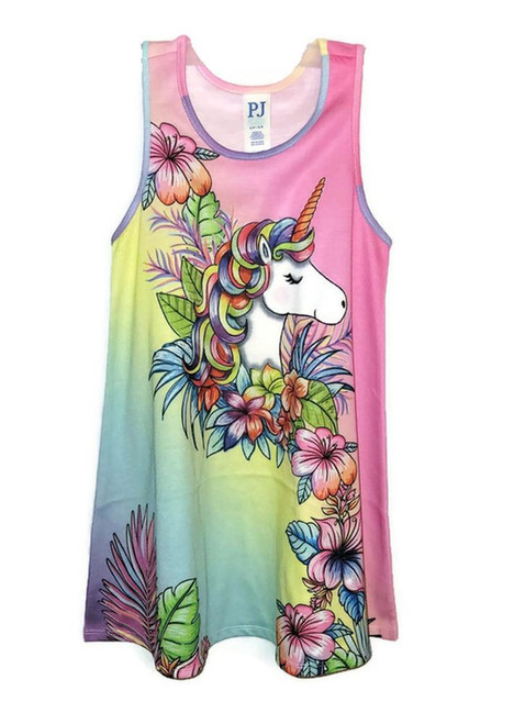 Girl's Tropical Hibiscus Floral Unicorn Sleeveless Nightgown, Gown | Little Dreamers Pajamas