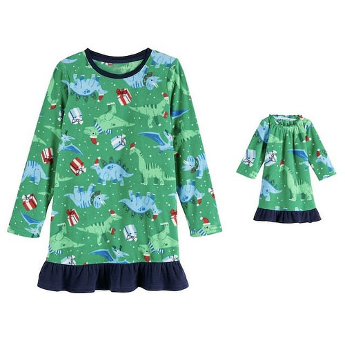Girl's Christmas Holiday Dinosaur Fleece Nightgown with Doll Gown, Size 5/6