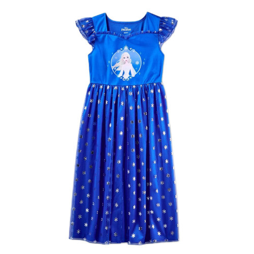 Disney Frozen Elsa Girl's Blue Shimmery Snowflake Satinet Tulle Nightgown | Little Dreamers Pajamas