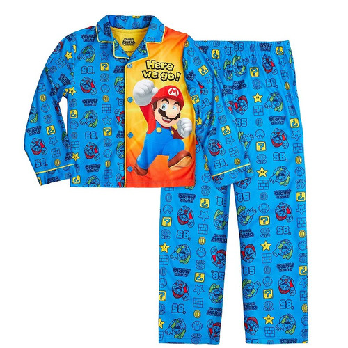Super Mario 'Here We Go Again' Boy's Flannel Button Down Pajama Set | Little Dreamers Pajamas