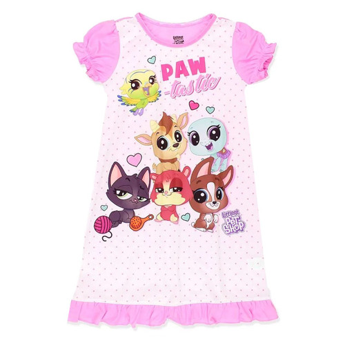 Littlest Pet Shop Girl's Character Pets Paw-tastic Satinet Nightgown, Gown | Little Dreamers Pajamas