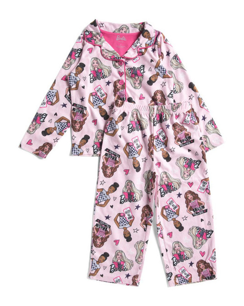 Barbie Girl's Character Print Button-Down Pink Soft Flannel Pajama Set | Little Dreamers Pajamas