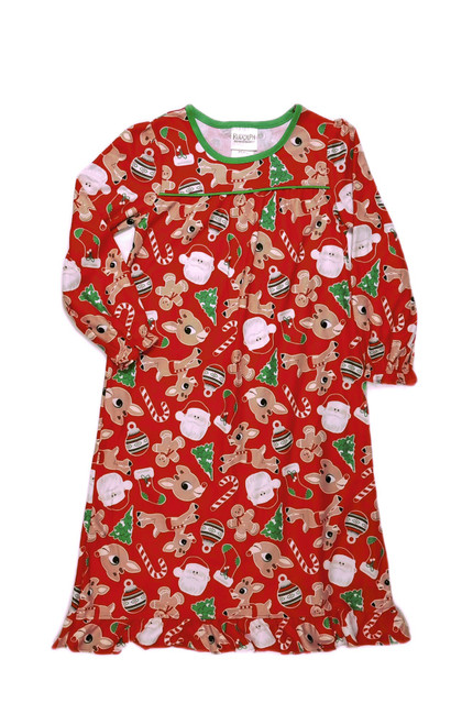 Rudolph, Santa and Gingerbread Christmas Print Girl's Holiday Flannel Nightgown | Little Dreamers Pajamas