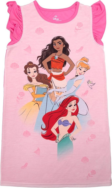Disney Princess Moana, Cinderella, Ariel and Belle Pink Jersey Nightgown, Gown | Little Dreamers Pajamas