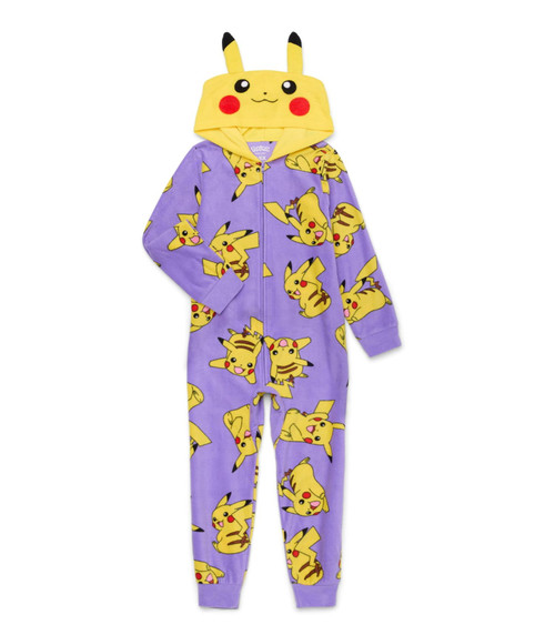 Pokemon Girl's Pikachu Purple Fleece Hooded Costume Pajama Sleeper | Little Dreamers Pajamas