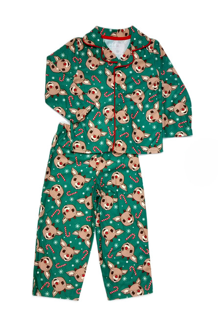Rudolph Toddler Boy's Christmas Holiday Green Button-Down Pajama Set | Little Dreamers Pajamas