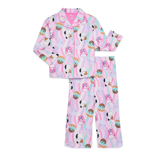 Squishmallows Character Print Girl's Button Down Flannel Pajama Set | Little Dreamers Pajamas