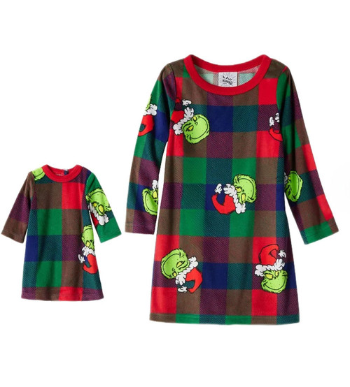 The Grinch Toddler Girl's Plaid Fleece Christmas Nightgown Doll Gown | Little Dreamers Pajamas