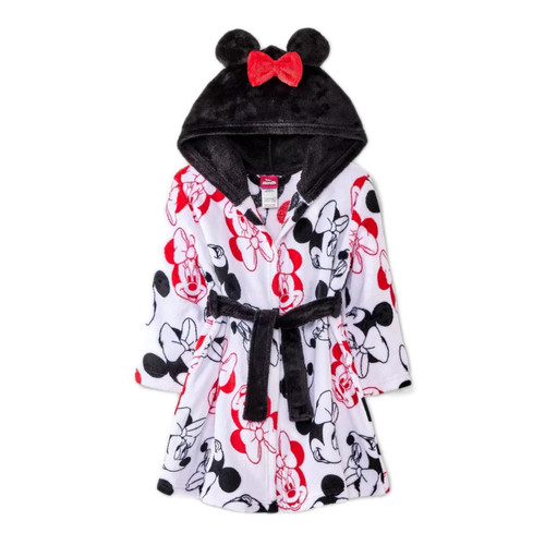 Minnie Mouse Toddler Girl's White Character Print Hooded Minky Fleece Bathrobe | Little Dreamers Pajamas