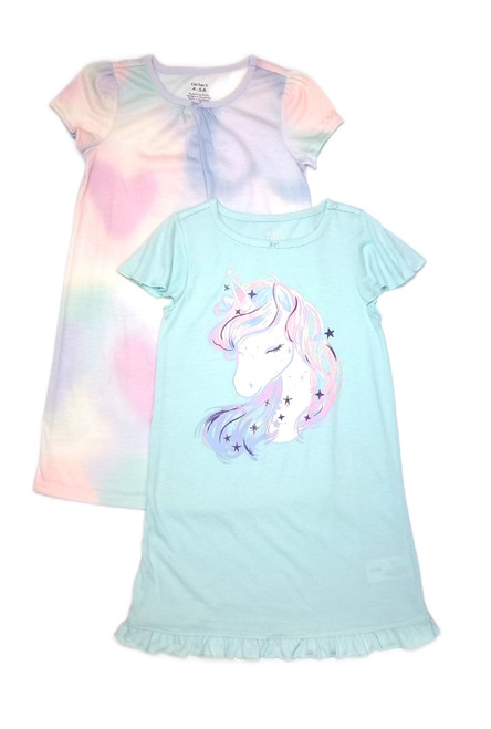 Carter's Girl's Unicorn Mint Green and Hearts Tie-Dye Nightgown Gowns Set | Little Dreamers Pajamas