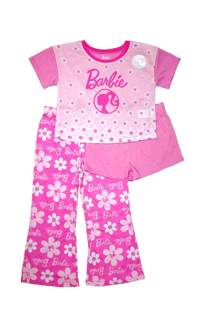 Barbie Girl's Pink Floral Character 3-Piece Pajama Top, Shorts and Pants Set | Little Dreamers Pajamas