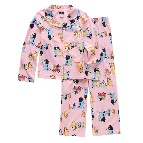 Bluey and Bingo Family Time Toddler Girl's Pink Flannel Button Down Pajama Set | Little Dreamers Pajamas