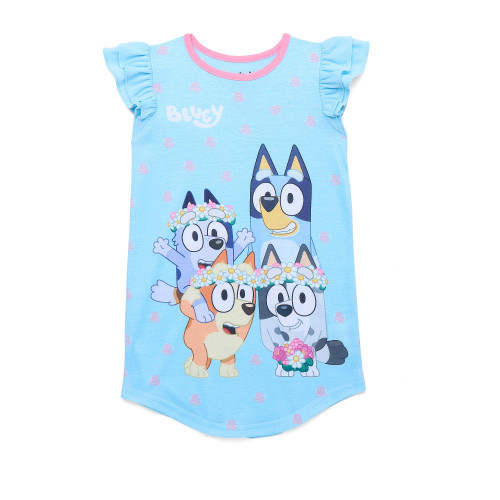Bluey and Family Flower Crown Girl's Blue Flutter Sleeve Nightgown, Gown | Little Dreamers Pajamas
