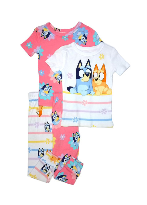 Bluey and Bingo Toddler Girl's Spring Floral and Stripes 4-PC Cotton Pajama Set | Little Dreamers Pajamas
