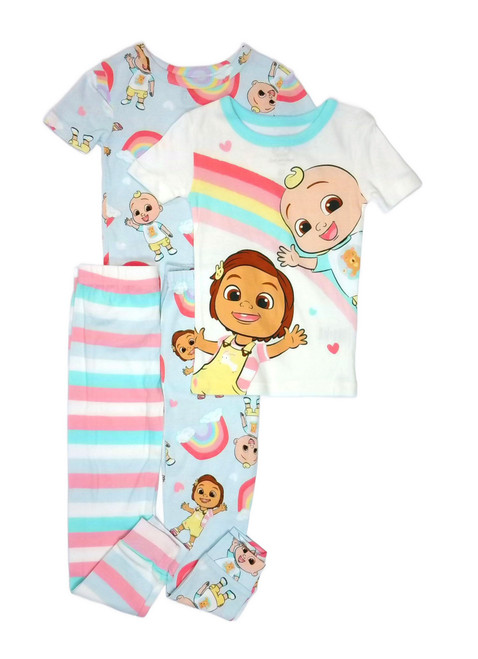 Cocomelon Toddler Girl's Jj and Nina Hearts and Rainbows 4-Piece Pajama Set | Little Dreamers Pajamas