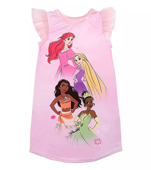 Disney Princess Girl's Pink Satinet and Tulle Flutter Sleeve Nightgown, Gown | Little Dreamers Pajamas