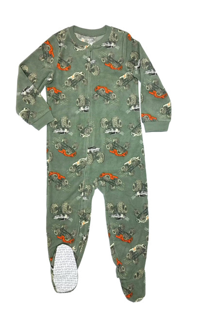 Carter's Boy's Monster Truck Racing Print Green Fleece Footed Pajama Sleeper | Little Dreamers Pajamas