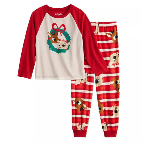 Rudolph and Clarice Toddler Boys Girls Soft Holiday Wreath Christmas Pajama Set | Little Dreamers Pajamas