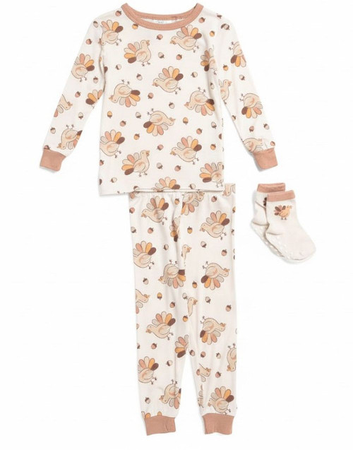 Toddler Kids Turkey, Fall Acorn Print Viscose Bamboo Pajama Set with Socks | Little Dreamers Pajamas