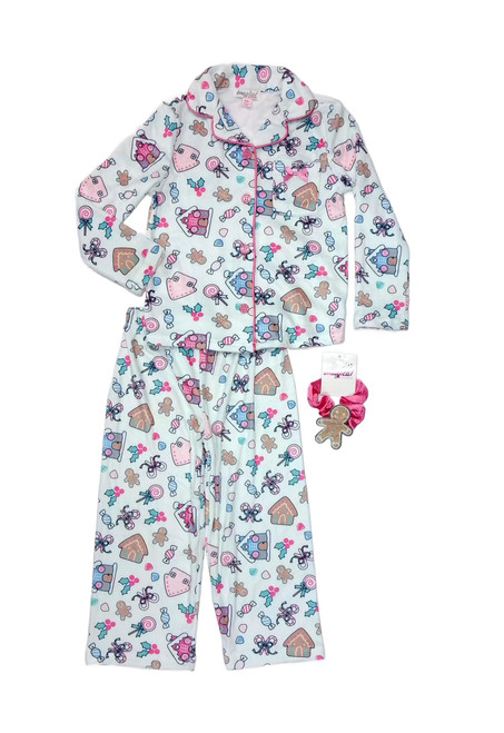Toddler Girl's Soft Velour Christmas Gingerbread Pajama and Scrunchie Set | Little Dreamers Pajamas