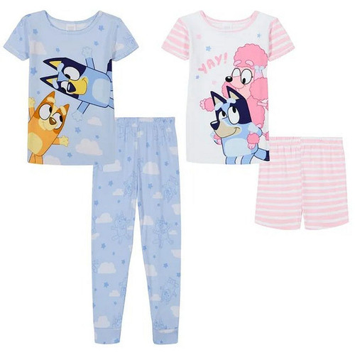Bluey, Bingo and Coco Girl's Character Short-Sleeved 4-Piece Pajama Set