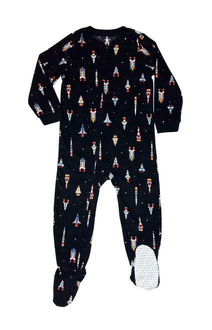 Carter's Boy's Rocket Ship Themed Print Black Soft Fleece Footed Pajama Sleeper | Little Dreamers Pajamas